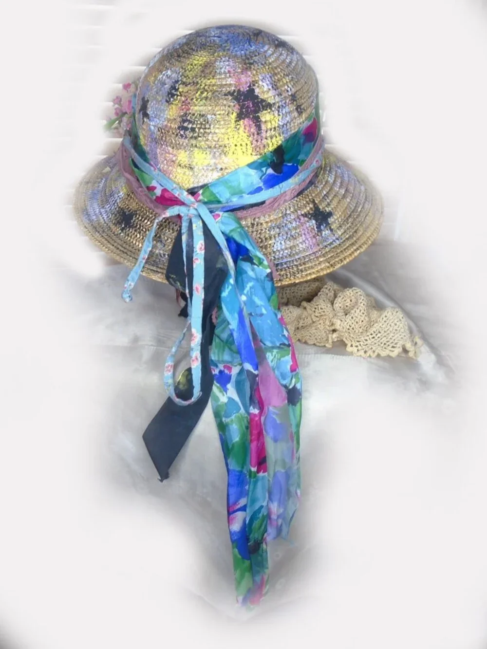 Unique Straw Hat is Upcycled OOAK, Hobo Chic Bohemian Poverty Core + HAT BOX - Picture 7 of 9